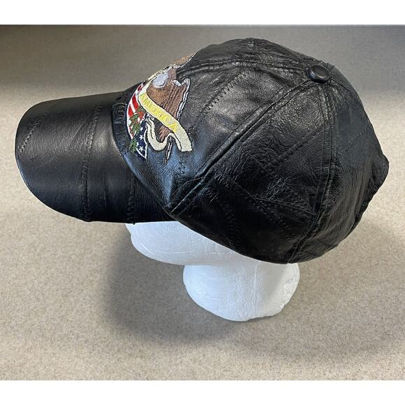 Black Leather Hat Embroidered Eagle God Bless America Patriotic Biker Cap Moto - Picture 3 of 9